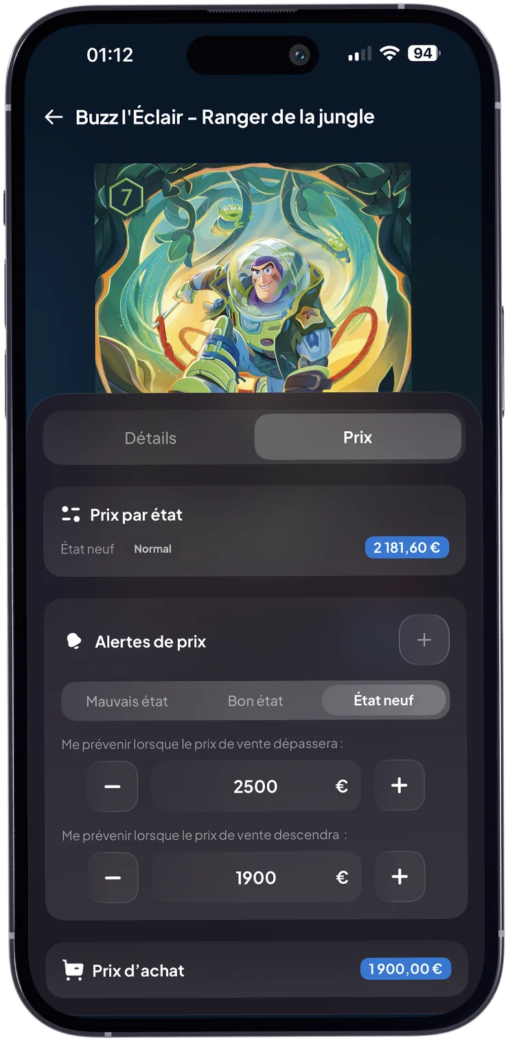 Écran d'alertes de prix et de prix d'achat sur une carte Lorcana (Buzz l'Éclair) dans Cardzia, avec seuils à la hausse et à la baisse