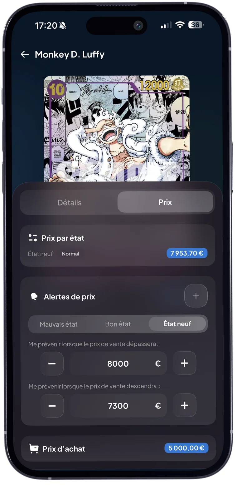 Écran d'alertes de prix et de prix d'achat sur une carte One Piece dans Cardzia, avec seuils à la hausse et à la baisse