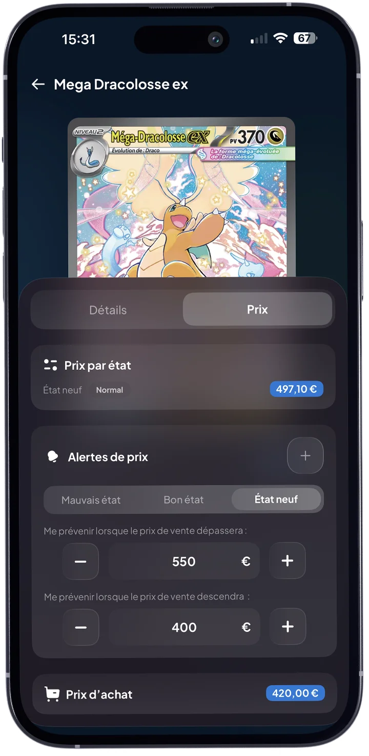 Écran d'alertes de prix et de prix d'achat sur une carte Pokémon dans Cardzia, avec seuils à la hausse et à la baisse