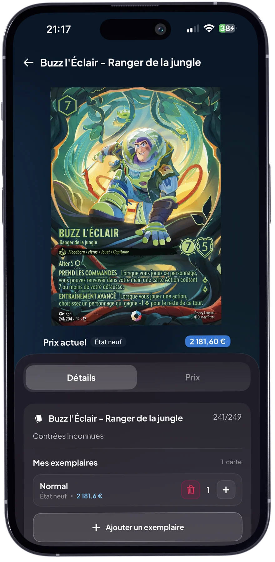 Application Cardzia affichant la valeur estimée d'une carte Lorcana scannée