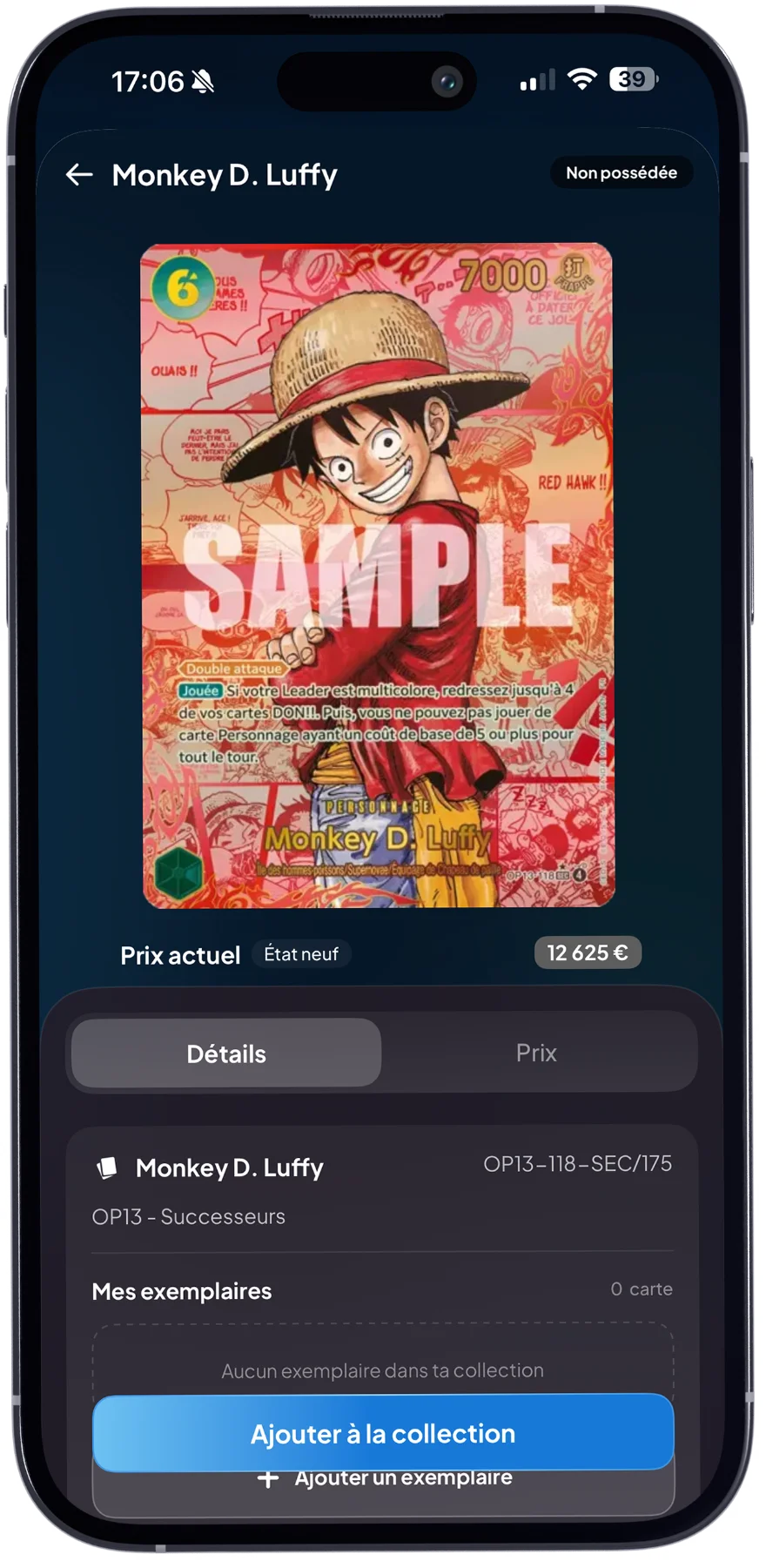 Application Cardzia affichant la valeur estimée d'une carte One Piece Monkey D. Luffy scannée