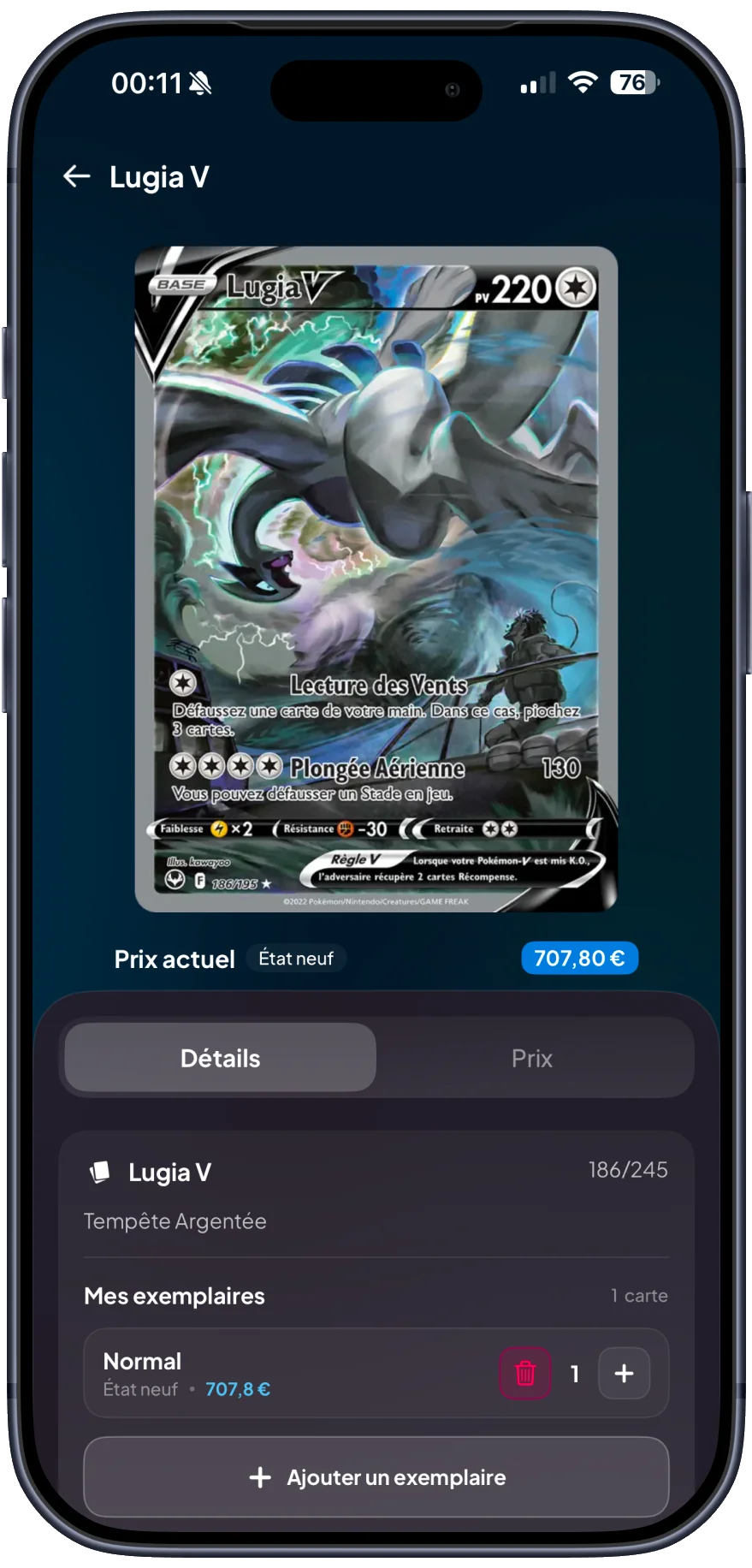 Application Cardzia affichant la valeur estimée d'une carte Pokémon Lugia V scannée