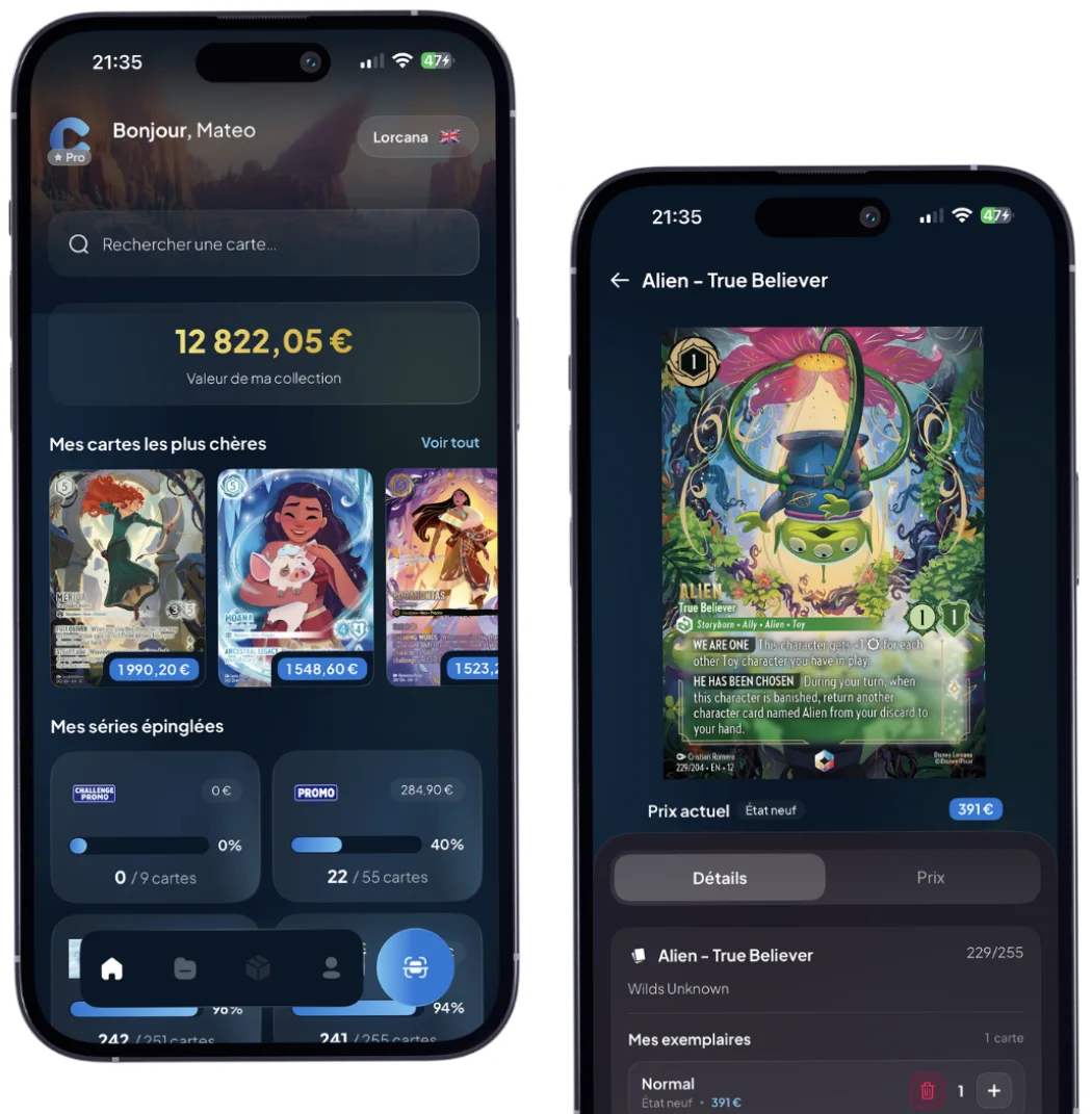 Estimation d'une carte Lorcana anglaise (Alien – True Believer) dans l'application Cardzia, avec collection en euros