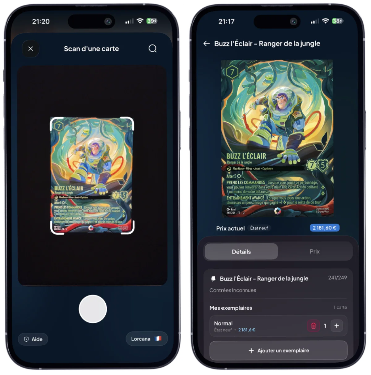 Scan d'une carte Lorcana Buzz l'Éclair dans l'application Cardzia et estimation instantanée de sa valeur