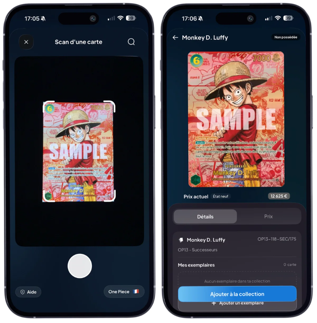 Scan d'une carte One Piece Monkey D. Luffy dans l'application Cardzia et estimation instantanée de sa valeur
