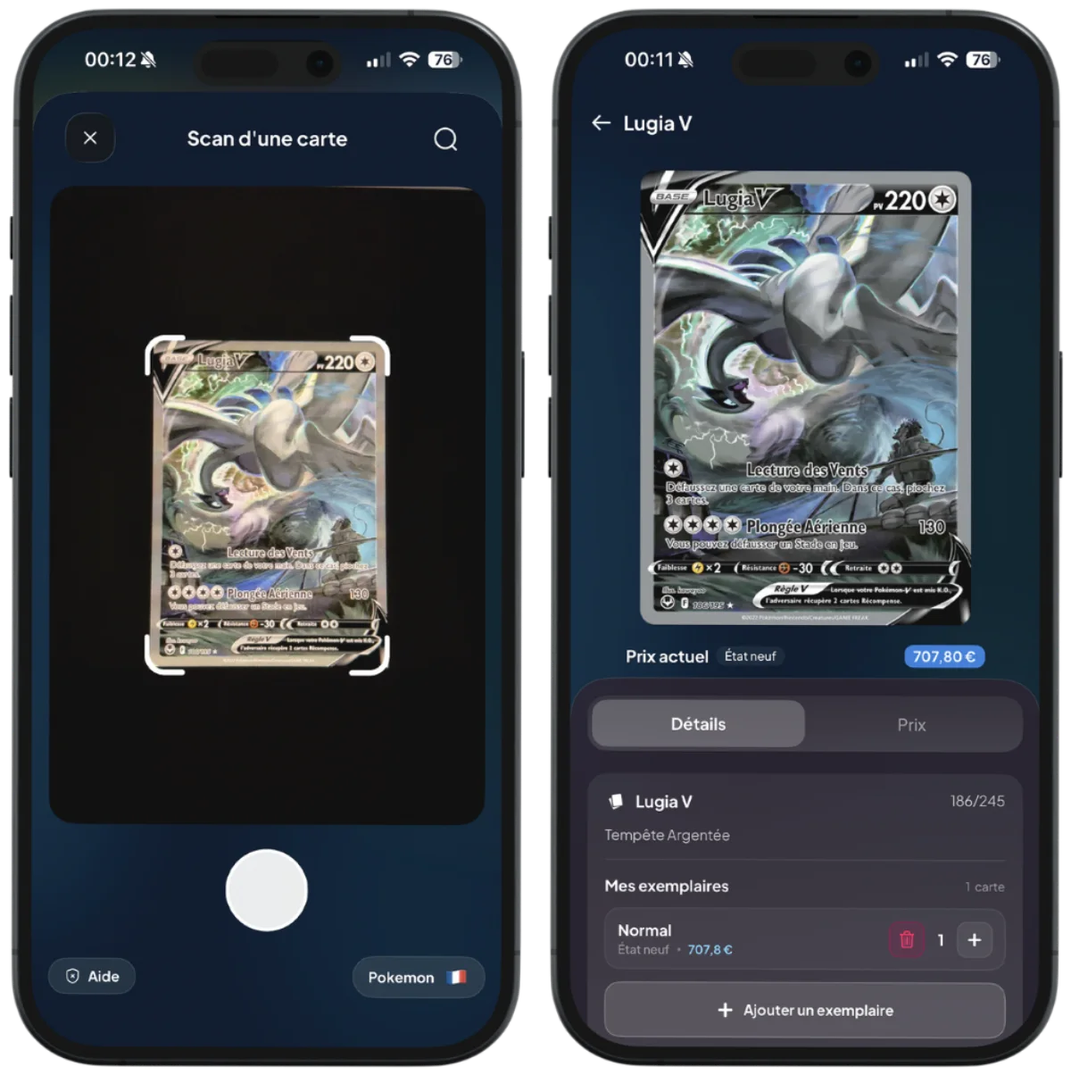 Scan d'une carte Pokémon Lugia V dans Cardzia et estimation instantanée de sa valeur à 707,80 €