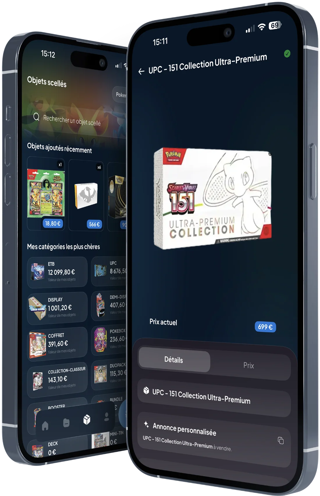 Suivi de la valeur des produits scellés Pokémon dans Cardzia : objets scellés, catégories (ETB, display, UPC) et fiche UPC 151 Ultra-Premium à 699 €