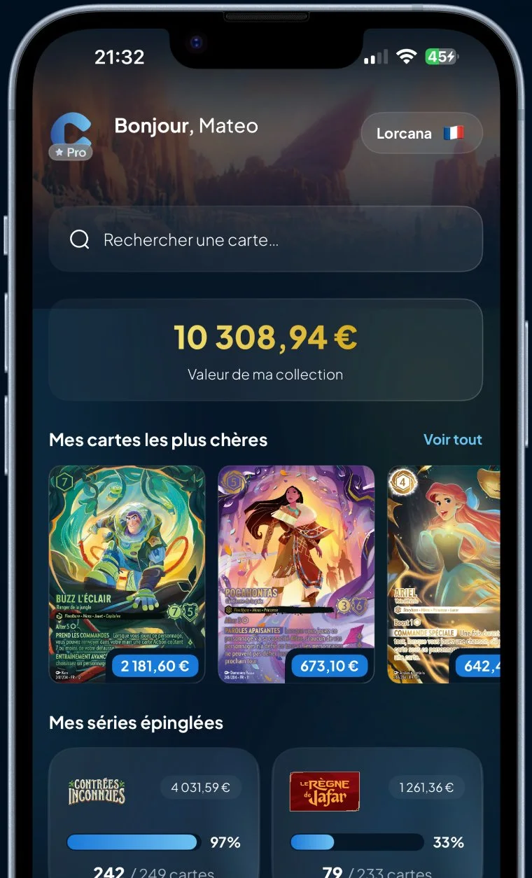 Tableau de bord Cardzia : valeur totale d'une collection Lorcana (10 308,94 €) suivie en temps réel