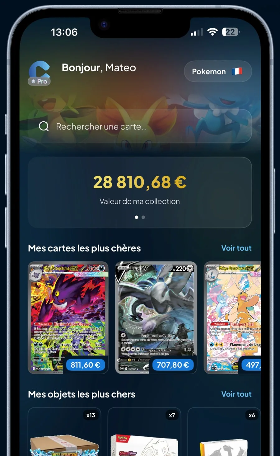 Tableau de bord Cardzia : valeur totale de la collection Pokémon en temps réel, cartes et items les plus chers