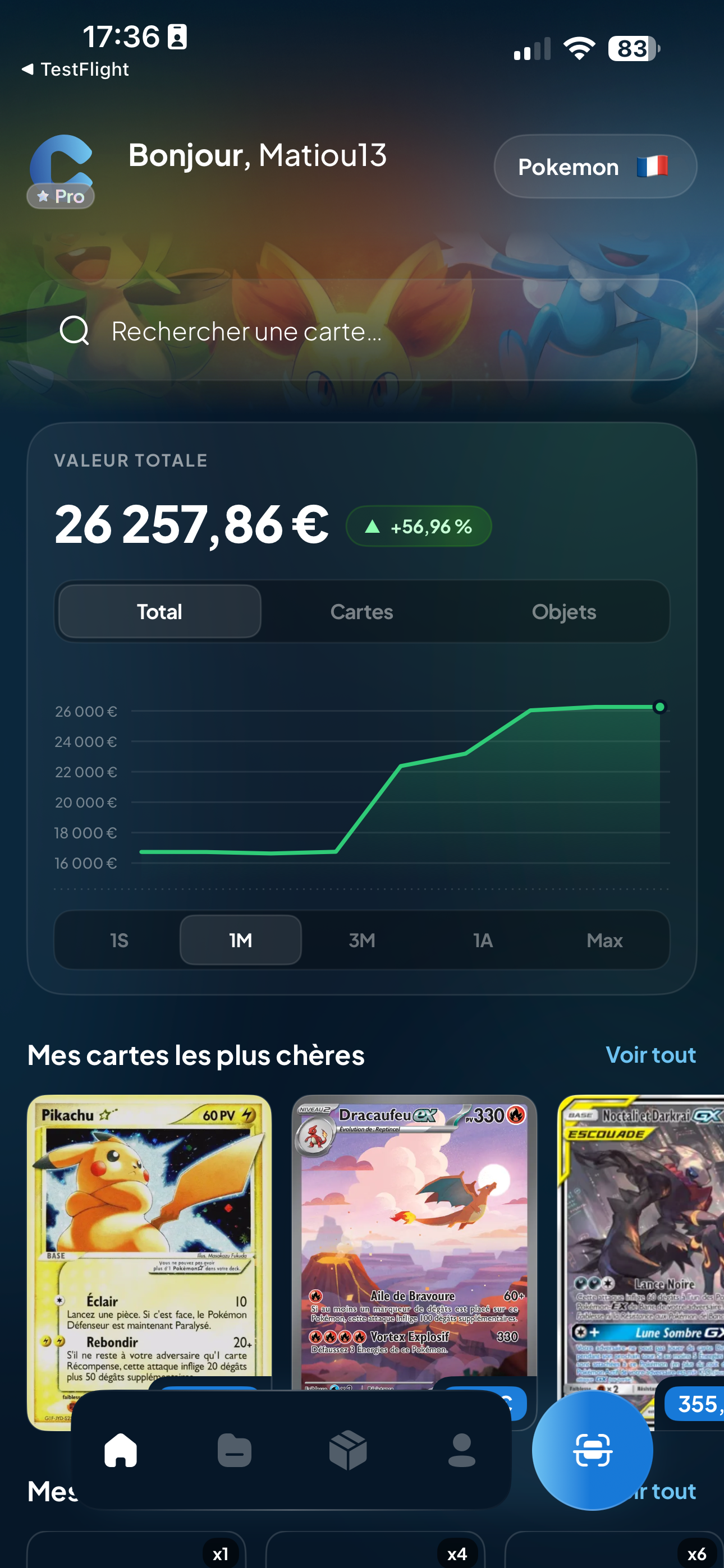 Capture d'écran : accueil Cardzia avec la valeur de la collection