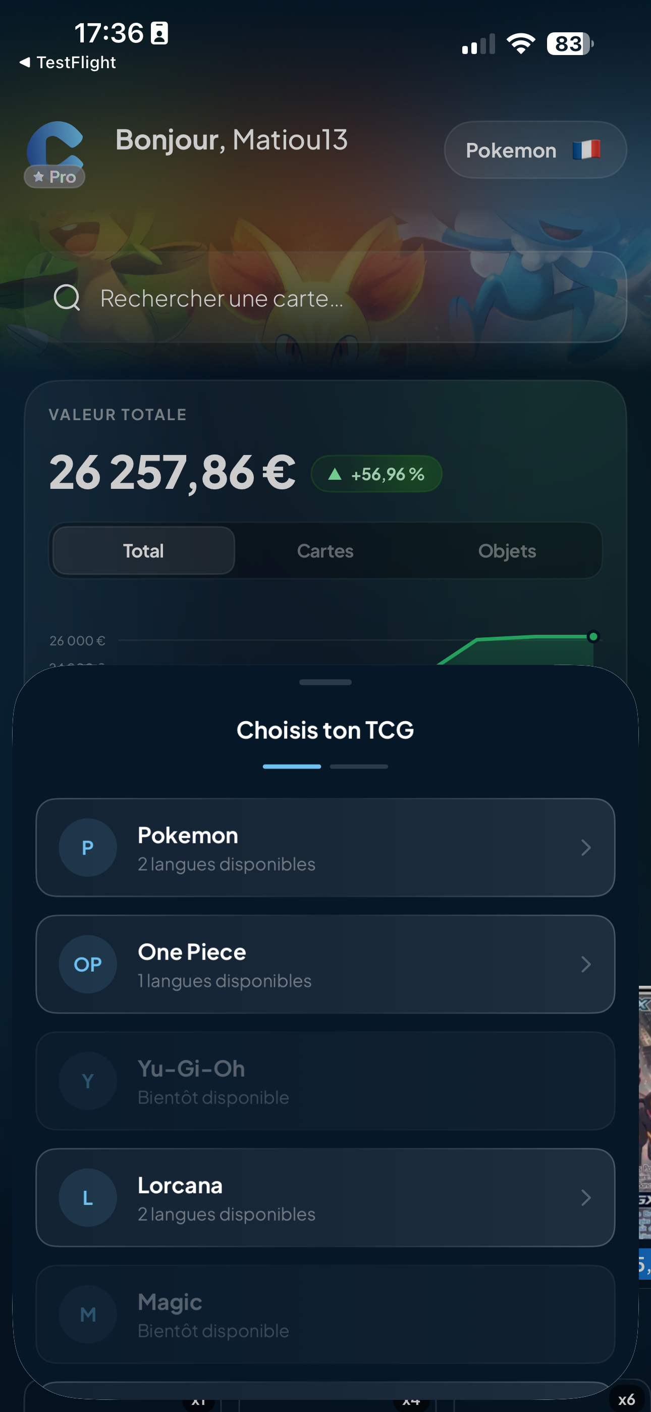 Capture d'écran : choix du TCG dans Cardzia